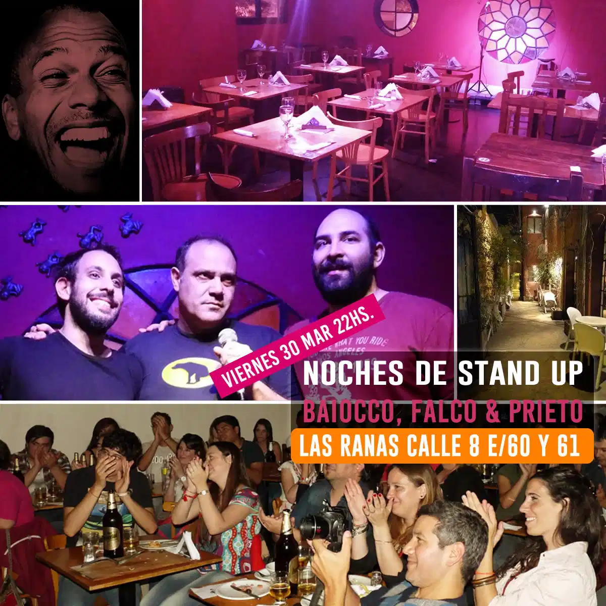 Sociedad Platense de Stand Up en La Enseña de Las Tres Ranas, La Plata, con Baiocco, Falco y Prieto en escena